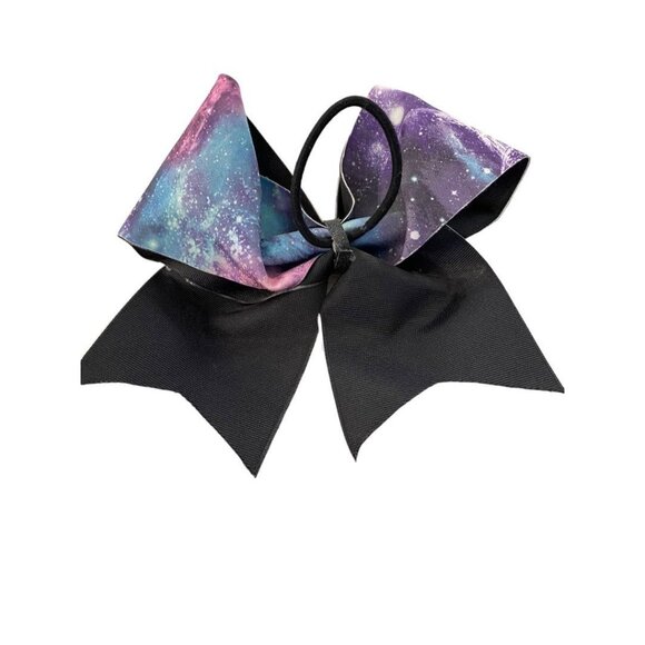 Girls Oversize Hair Bow 6" Elastic Ponytail Galaxy Print Blue Pink Purple - Picture 3 of 7